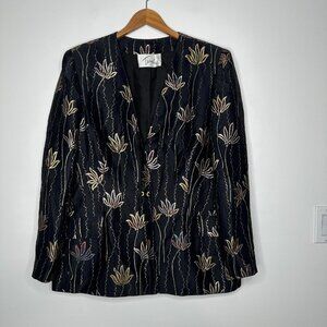 Vintage Travilla Metallic Floral Blazer Jacket Size 18 Black‎ Gold